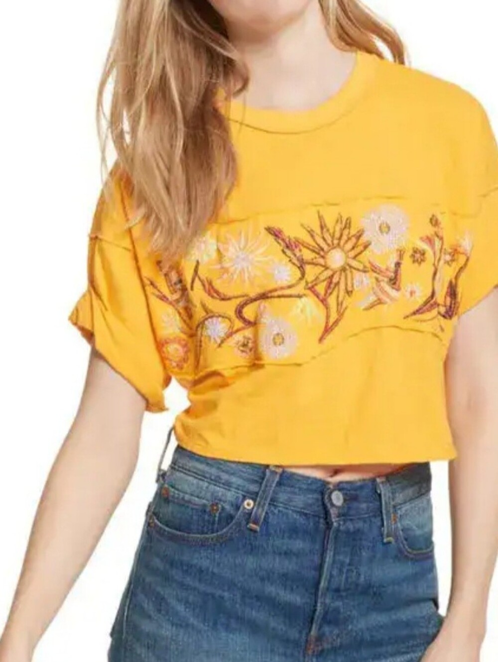 Free People Golden Yellow Floral Embroidered Crop Tee